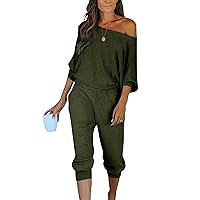 PRETTYGARDEN Women's 2 Piece Ribbed Tracksuit Outfits Off Shoulder Long Sleeve Pullover Lounge Pants with Pockets