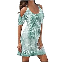Womens Capris for Summer Clearance Summer Dresses for Women 2024 Cold Shoulder Short Sleeve A-Line Casual T-Shirt Dress Plus Size Swing Cute Mini Dress