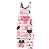 Womens Rompers and Jumpsuits Cotton Linen Adjustable Straps Valentines Day Heart Printed Bodycon Jumpsuit for Women
