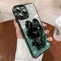 Spevert for iPhone 15 Pro Max Case Luxury Glitter Case with Cute Rabbit Stand,Glitter Diamond Bling Case with Mirror Full Camera Lens Protection for Women Men Girls Anti-Scratch 6.7'' (Green)