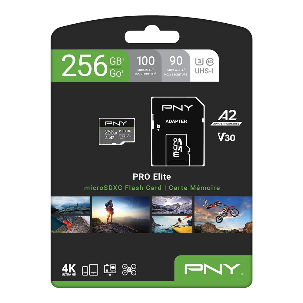 PNY 256GB PRO Elite Class 10 U3 V30 microSDXC Flash Memory Card - 100MB/s, Class 10, U3, V30, A2, 4K UHD, Full HD, UHS-I, micro SD