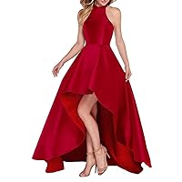 Halter Prom Dresses with Pockets Stain Sleeveless Backless High Low Bridesmaid Dress for Women Red