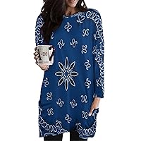 Blue Paisley Bandana Women Blouse Long Sleeve Tshirt Dress with Pockets Casual Tunic Top