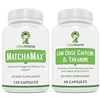 VitaMonk Energy & Focus Bundle: MatchaMax Organic Japanese Matcha Capsules Low Dose Caffeine and Theanine