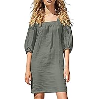Womens Linen Mini Dress Square Neck Half Puff Sleeve Summer Casual Loose Flowy Beach Vacation Shift Short Dress