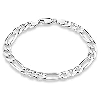Miabella 925 Sterling Silver Italian 7mm Solid Diamond-Cut Figaro Link Chain Bracelet for Men, Made in Italy