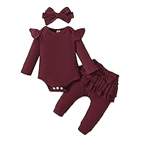 Teens Clothes for Girls Winter Infant Baby Boys Girls Romper Sets Long Sleeve Solid Romper Bodysuit and Ruffles Pants Headbands Outfits Teen Girl Clothes Pants (Wine, 6-9 Months)