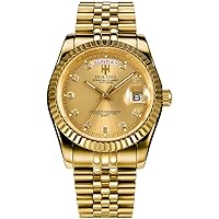 Men's Gold Watch Analog Dial with Day and Date Stainless Steel Band and Case (Gold)