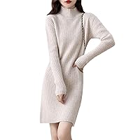 Women's Knitted Dress 100% Merino Wool Turtleneck Elegant Dress Autumn Winter Long Sleeve Short Skirt