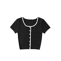 Verdusa Women's Buttoned Short Sleeve Scoop Neck Knit Crop Tee Top T Shirt
