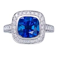 1.5 Carat Cushion Cut Sapphire and Diamond Halo Vintage Engagement Ring for Women on 10k White Gold