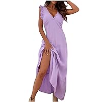 Maxi Dresses for Women 2023 Casual Ruffle Trim Sleeveless V Neck Long Dress Casual Summer Holiday Party Beach Sundress