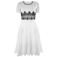 Oops Outlet Women's Cap Sleeve Waist Lace Insert Flared Skater Midi Dress Plus Size (US 20/22) Cream