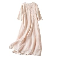 Women Cotton Linen Dress Casual Loose Embroidery Floral Midi Dress