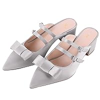 MOOMMO Women Satin Bow Mules Pointed Toe Chunky Block Heel Dress Pumps Shoes Backless Cute Closed Toe 2 Inch Mid Heel Slip On Sandals Two Buckle Strap Mule Heel Wedding Party Summer Size 4-13 M US