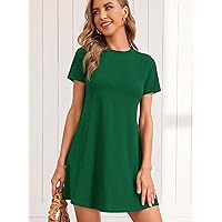 Dresses for Women Solid Round Neck Tee Dress (Color : Green, Size : X-Small)