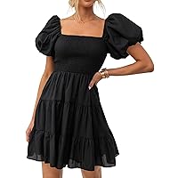 ZESICA Women's 2024 Boho Summer Square Neck Puff Sleeve Off Shoulder Smocked Tiered Casual A Line Short Mini Dress