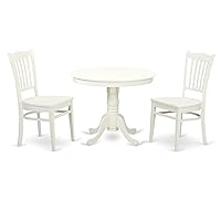 East West Furniture Antique 3 Piece Kitchen Set Contains a Round Dining Room Table with Pedestal and 2 Solid Wood Seat Chairs, Linen White