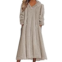 Women Casual Dress Solid Plush Hooded Loose Dress Pocket Pullover Sweatshirt Dress Sweaters Mesh Bell Sleeve