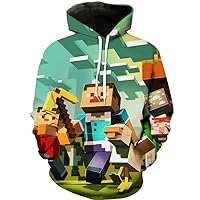 BUJOG Fashion Minecraft Merch for Kids 3D Print Novelty Pullover Hoodie Kids Hooded Youth Sweatshirts with Pocket for Boys and Girls 10-12 Years
