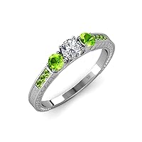 Diamond and Peridot 3 Stone Ring with Peridot on Side Bar 0.89 ct tw in 14K White Gold