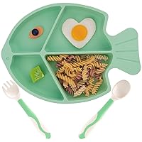 Baby Feeding Dish Sets with Spoon and Forks,NICINGU 3 Pcs/Sets Divided Silicone Suction Plates Utensils for Toddler Kids BPA Free Microwave Dishwasher Safe-Plate Green Fish Sets…