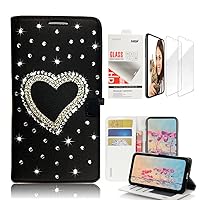 STENES Bling Wallet Case Compatible with iPhone XR - 3D Handmade Heart Design Leather Case with Wrist Strap & Screen Protector [2 Pack] - Black