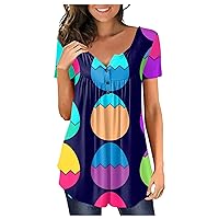 ZEFOTIM Easter Shirts for Women Short Sleeve V Neck Button Down Funny Bunny Gnome Tunic Tops