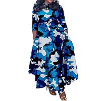Famnbro Women's Camo Dress Half Sleeve Belted Fit and Flare Long Flowy Camouflage Maxi Dresses Plus Size