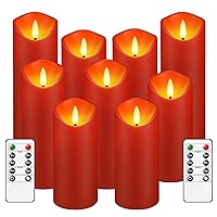 Flickering Flameless Candles, Battery Operated Acrylic LED Pillar Candles with Remote Control and Timer,Set of 9 (Red)