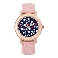 USA Flag Pattern Stars Women's Watches Classic Quartz Watch with Leather Strap Easy to Read Wrist Watch