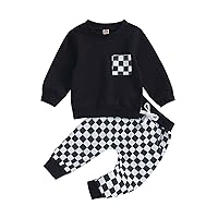 Toddler Baby Boy Fall Winter Clothes Checkerboard Long Sleeve Sweatshirt Pants Sweatsuit Set Checkered Plaid Outfit
