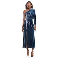 Donna Morgan Women's One Sleeve Side Ruched Velvet Maxi Dress with Rhinestone Trim Detail