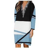 Fall Winter Long Sleeve Dress for Women Trendy Plus Size Elegant Formal Color Block Sexy V Neck Cute Midi Dress