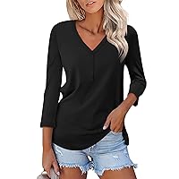 Womens Spring Fashion 2024 3/4 Length Sleeve Tops Dressy Casual Button Down V Neck Work Blouses Trendy Cute Elbow Length Flowy Tee Shirts Loose Fit Tunics Tops to Wear with Leggings(H Black,X-Large)