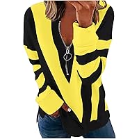 Zip Up Tops for Women Trendy Casual Stripe Print Pullover Tops Trendy V Neck Dressy Blouse Loose Long Sleeve Tshirt