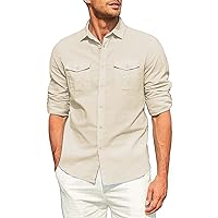 Mens Casual Button Down Shirts Cotton Linen Long Sleeve Dress Shirts Lightweight Plus Size Classic Fit Soft Comfy Shirts