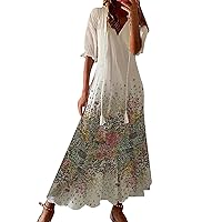 Sundresses for Women,2024 Spring Summer V Neck Half Sleeve Bohemian Maxi Long Dress,Trendy Floral Print Beach Dress