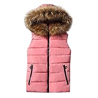 Womens Faux Fur Hood Thickened Vest Sleeveless Winter Warm Zip Up Down Coat Lightweight Casual Fashion Padded Coats
