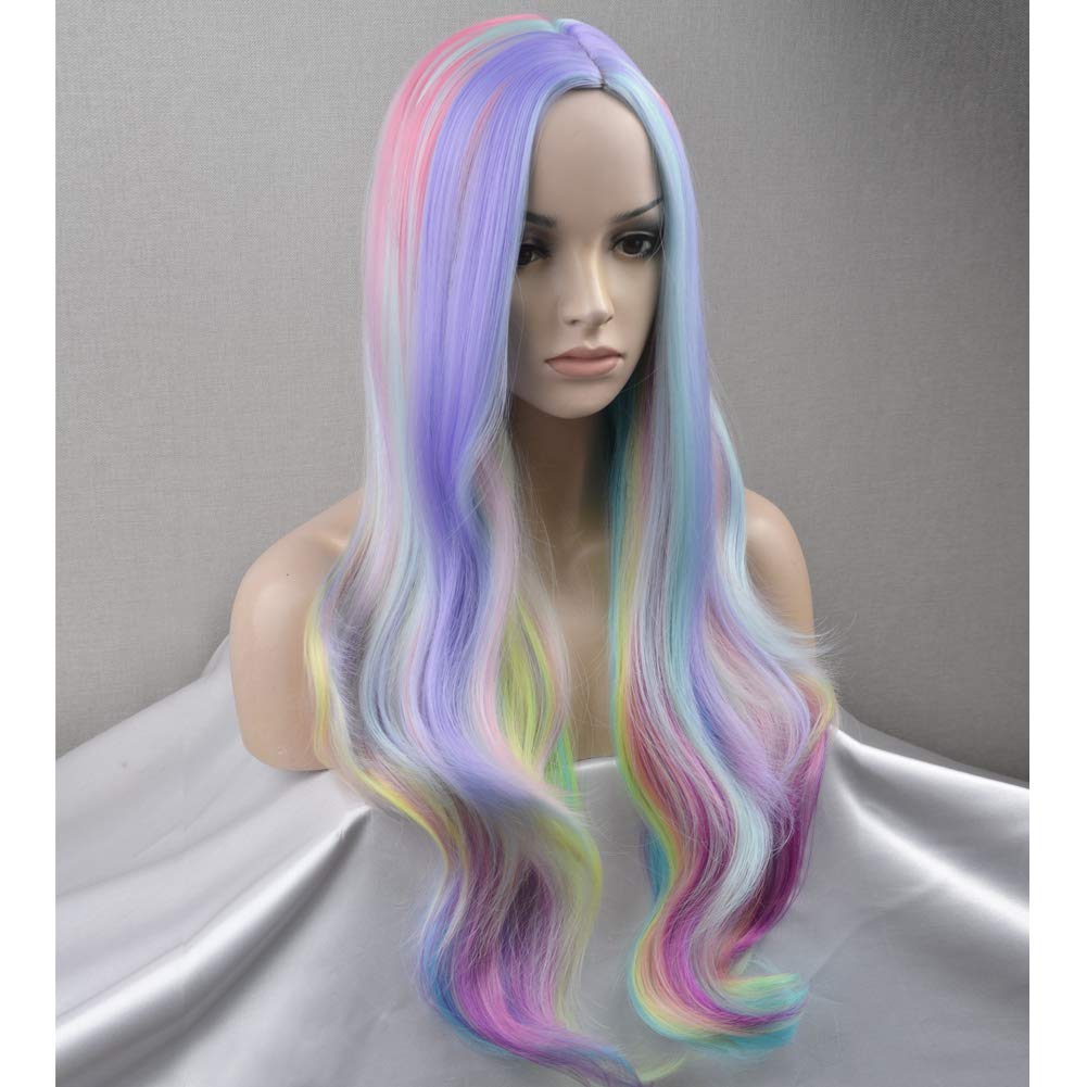 BERON Rainbow Wig Long Curly Wig Multi-Color Wig Charming Full Wigs for Cosplay Girls Party or Daily Use Wig Cap Included