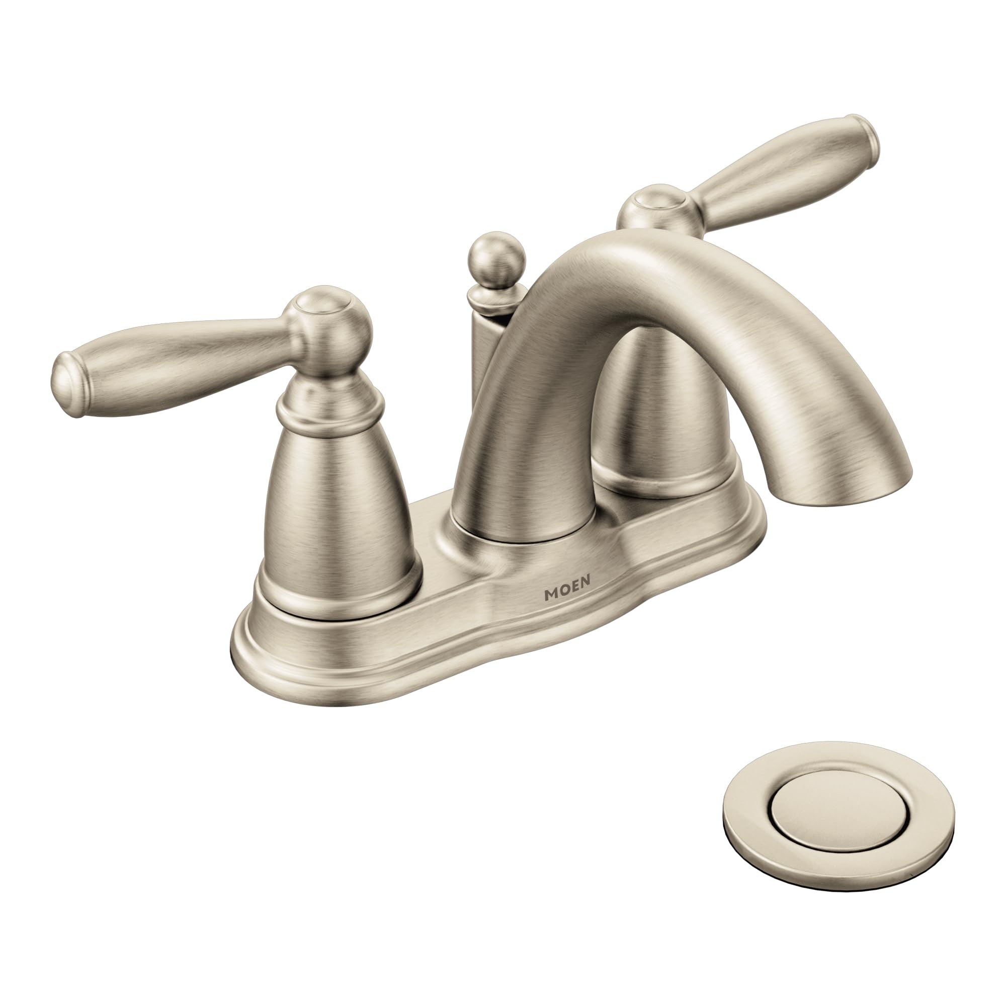 Moen Brantford Brushed Nickel Two-Handle Low-Arc Centerset Bathroom Faucet with Drain Assembly, 6610BN