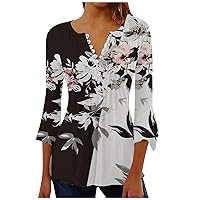 Ladies Tops and Blouses 3/4 Sleeves Button Flower Tie Dye Tees Shirts Solid Basic Ruched Corset Tunics T-Shirts
