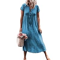 Akivide Women's Summer Button V-Neck Dress Solid Color Casual Loose Maxi Dress