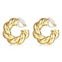 Gold Hoop Clip on Earrings for Women, Geometric Chunky Earrings Girls Gift, Gold Sliver