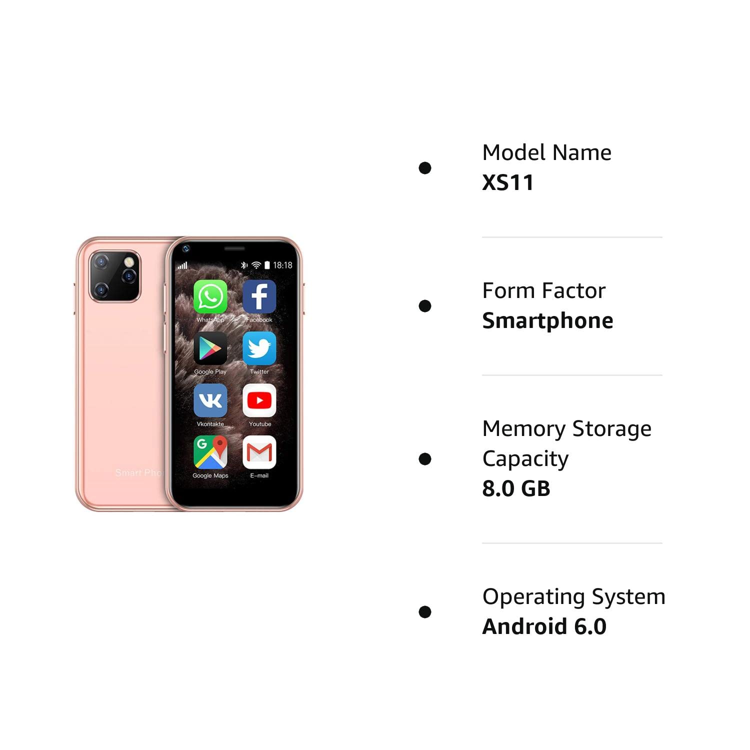 SOYES XS11 3G Mini Smartphone 2.5Inch WiFi GPS China Mobile 1GB RAM 8GB ROM Quad Core Android Cell Phones 3D Glass Slim Body HD Camera Dual Sim Google Play Cute Smartphone (Pink)