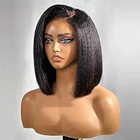 Yaki Straight Human Hair Short Bob Wigs Side Part 13x6 Lace Frontal Wig Short 150% Density Kinky Straight 13x6 HD Transparent Lace Front Wig Human Hair Glueless Wig For Women Bleached Knots 8 Inch