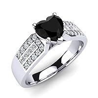 14K White Gold Plated 1.03 Ct Round & Heart Cut Black & Sim Diamond Engagement Ring