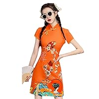 China-Chic Cheongsam Young Girls Short Orange Chinese Traditional Clothes Dress Qipao