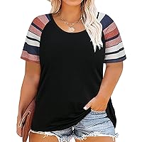 RITERA Plus Size Shirt for Women Short Sleeve Tops Button Down Colorblock Tshirt Star Print Tee Red Striped Tunics Casual Summer Blouses Blue Star-Red Striped 2XL