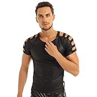 Men's Faux Leather T-Shirts Short Sleeve PU Muscle Tank Top Shirts Blouser Clubwear